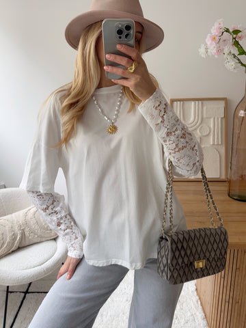 Tee-shirt à manches en dentelle JELEN - blanc
