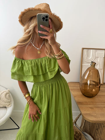 Robe longue volantée col bardot ARCANE - vert olive