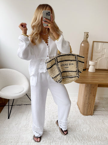 Pantalon en gaze de coton broderie anglaise FABRON - blanc