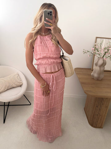 Ensemble top et jupe longue en voile plissée ASTRÉE - rose