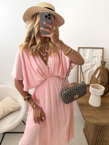 Robe midi à col V plongeant MIRA - rose pâle