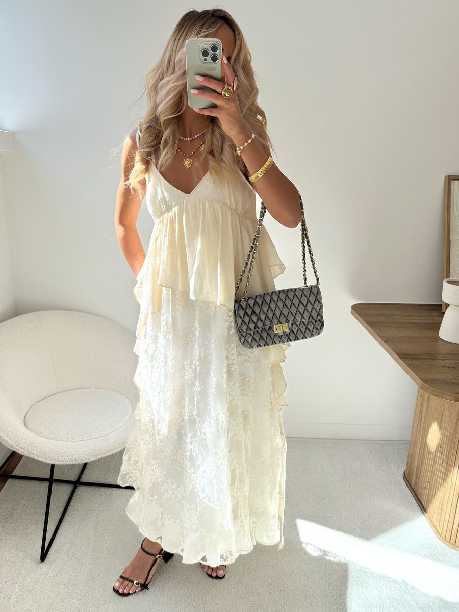 Robe longue en dentelle volantée SHAREN