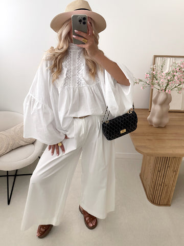 Blouse à manches chauve-souris et broderie PIEVA - blanc