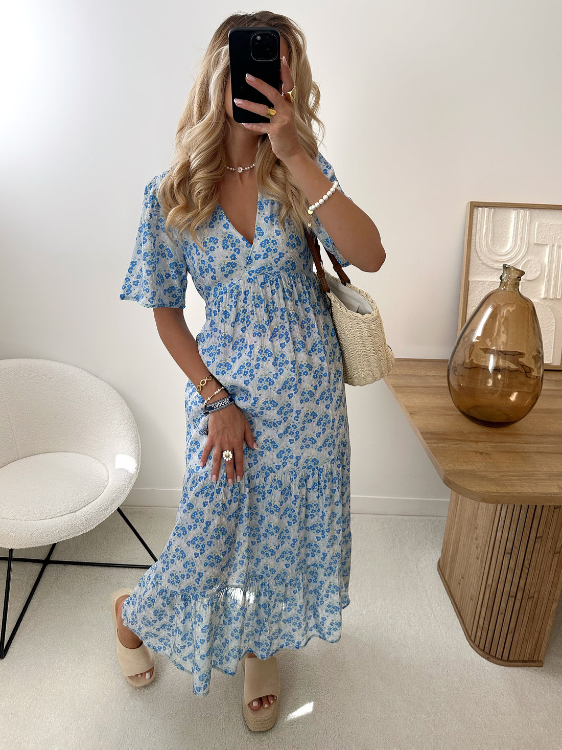 Robe longue à imprimé floral ISMENE - bleu ciel