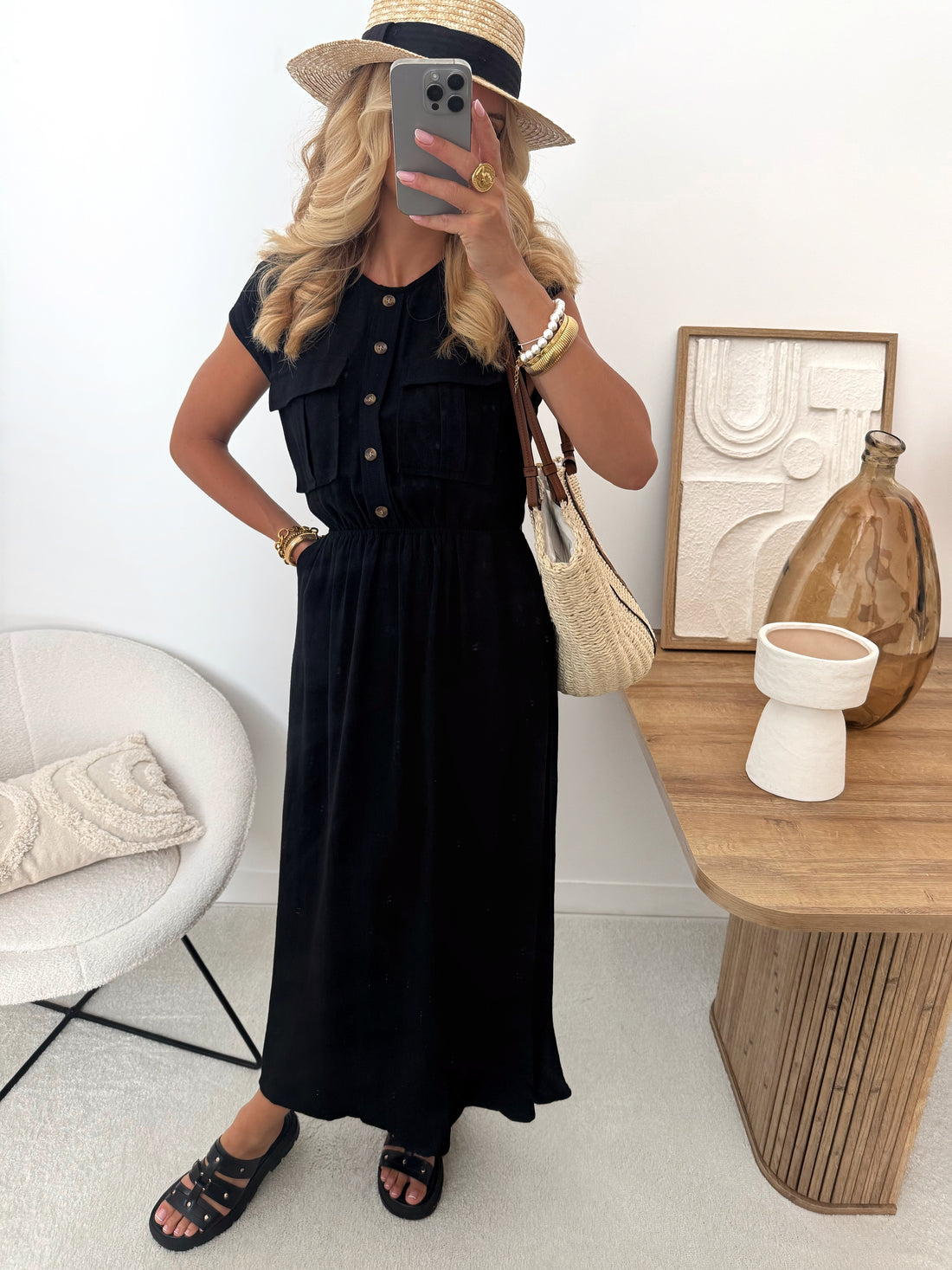 Robe midi en lin mélangé PALAMAS - noir