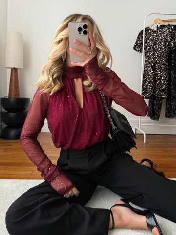 Body à col roulé et strass ISEYA - bordeaux