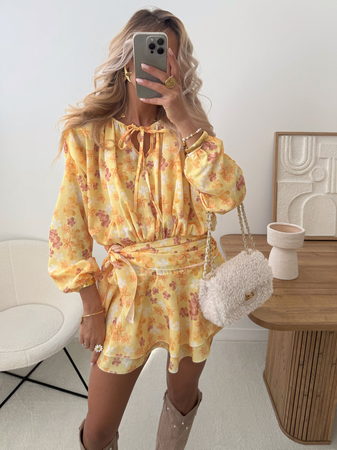 Robe volantée à imprimé floral et ceinture VALENTI - jaune