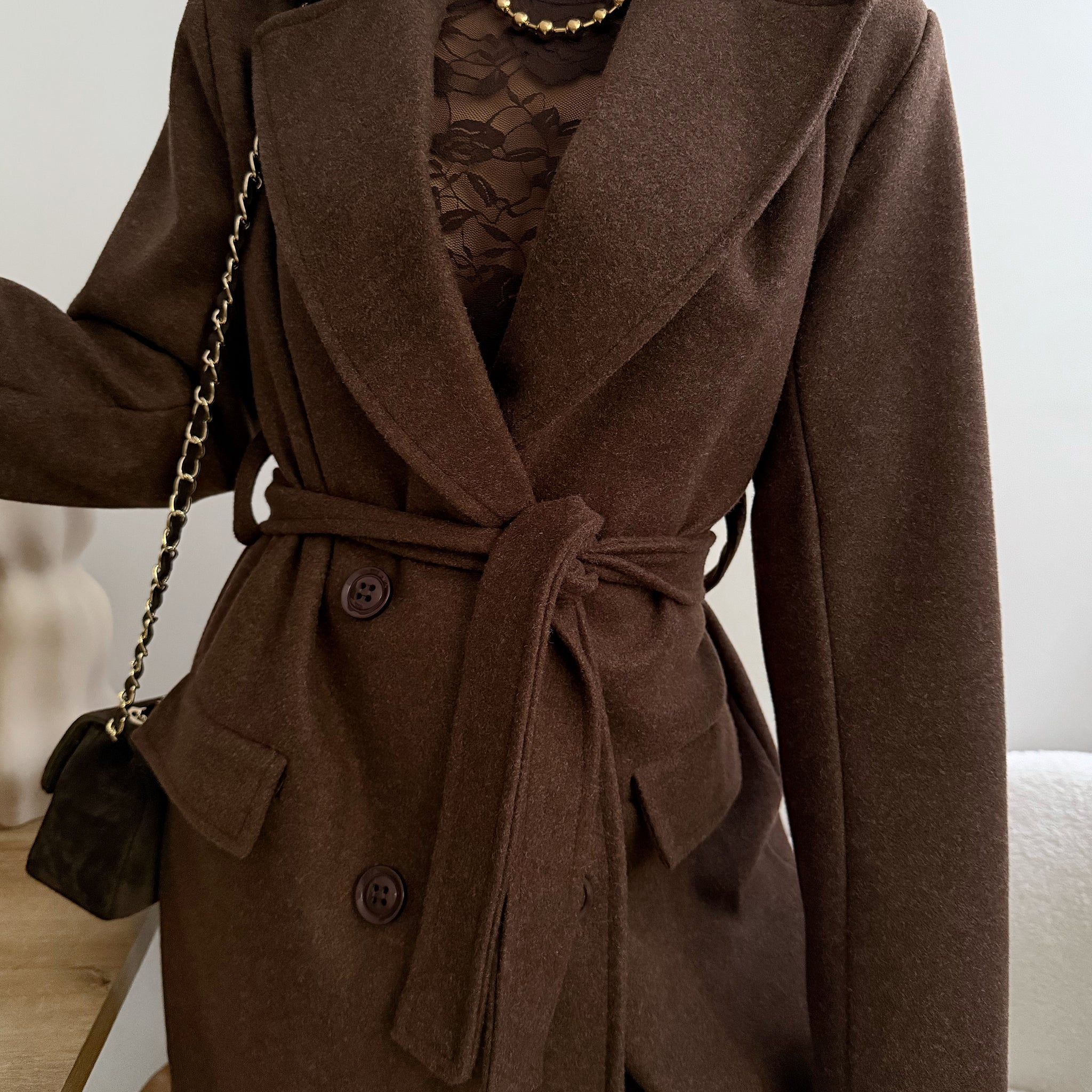 Manteau long à ceinture JOEL - chocolat