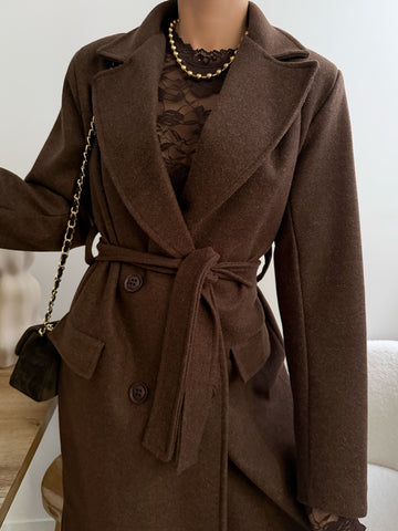 Manteau long à ceinture JOEL - chocolat