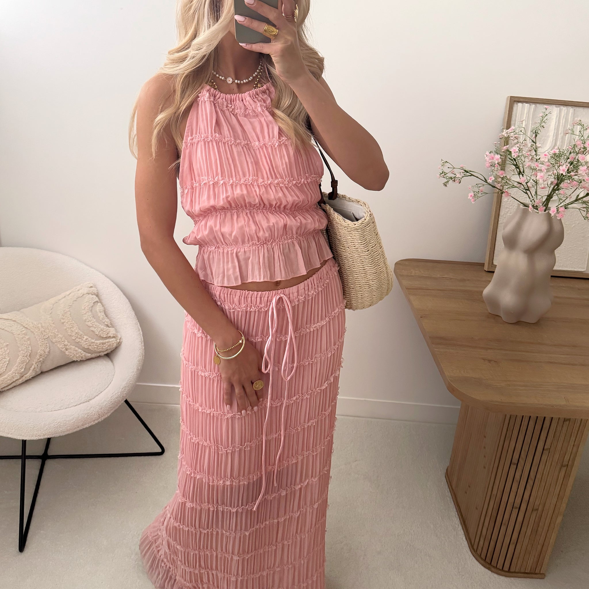 Ensemble top et jupe longue en voile plissée ASTRÉE - rose