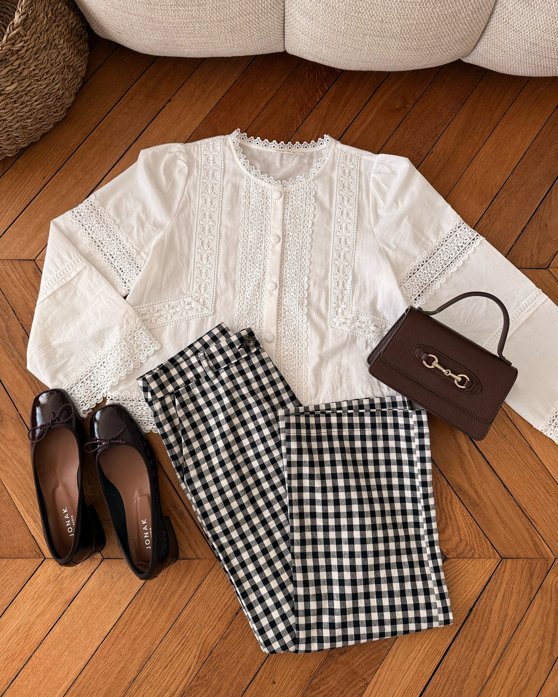 Chemisier brodé à imprimé Vichy JANE - blanc