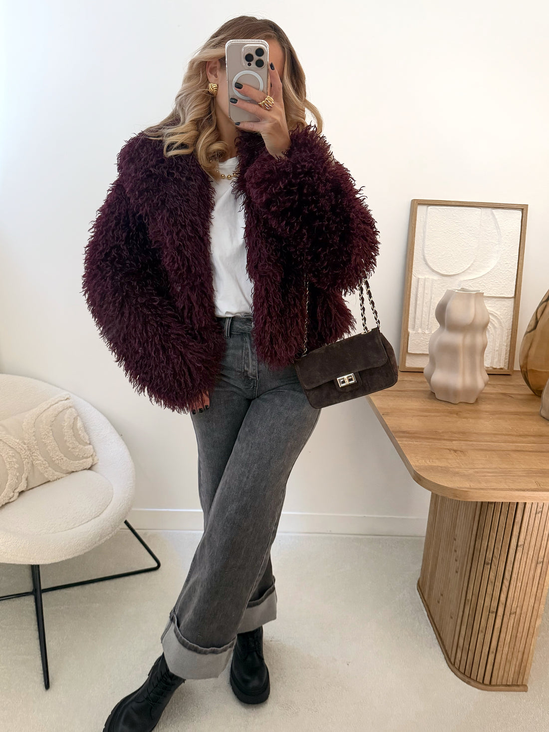 Manteau en fourrure bouclette JASON - aubergine PRÉCOMMANDE