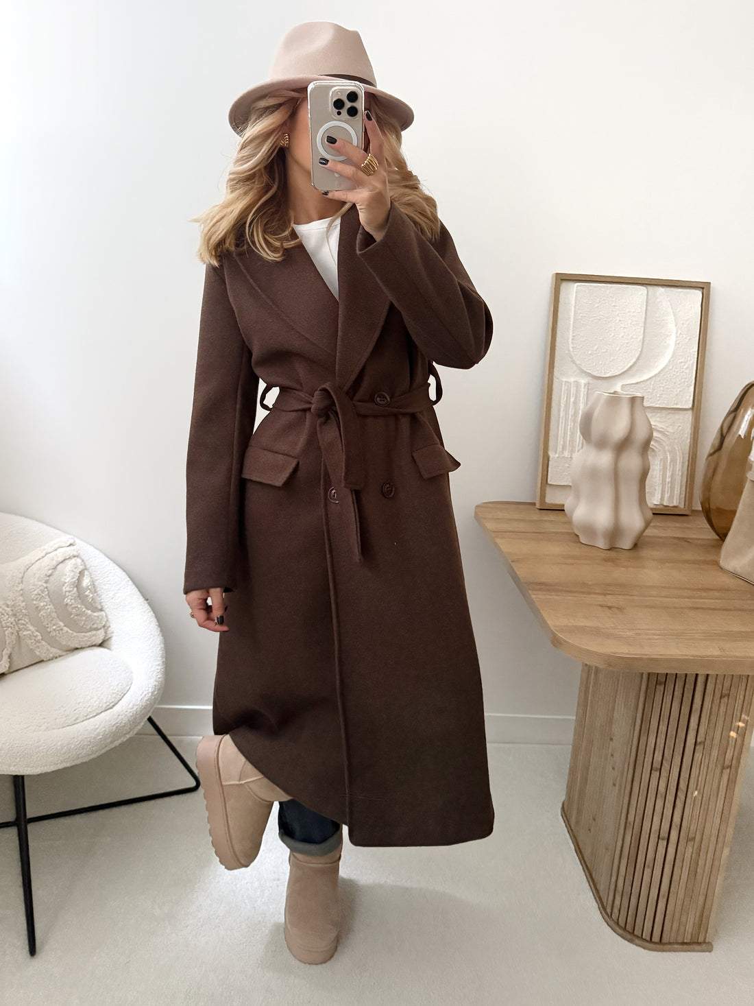 Manteau long à ceinture JOEL - chocolat
