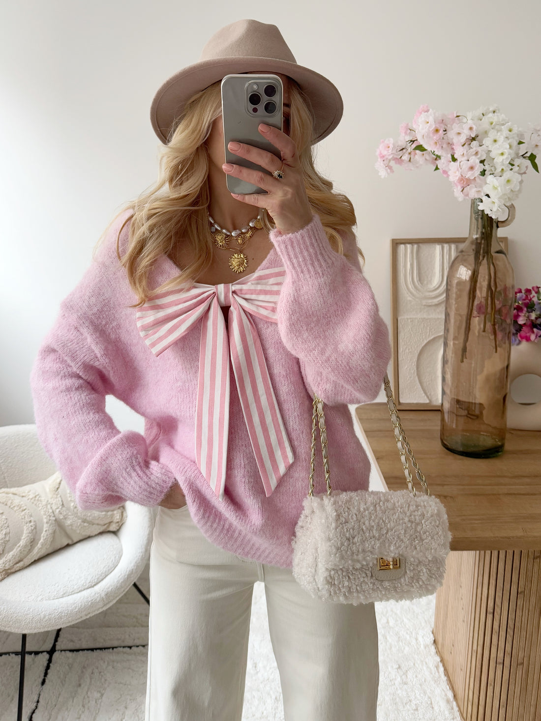 Maille avec nœud à rayures rose EMRULA (PRÉCOMMANDE)