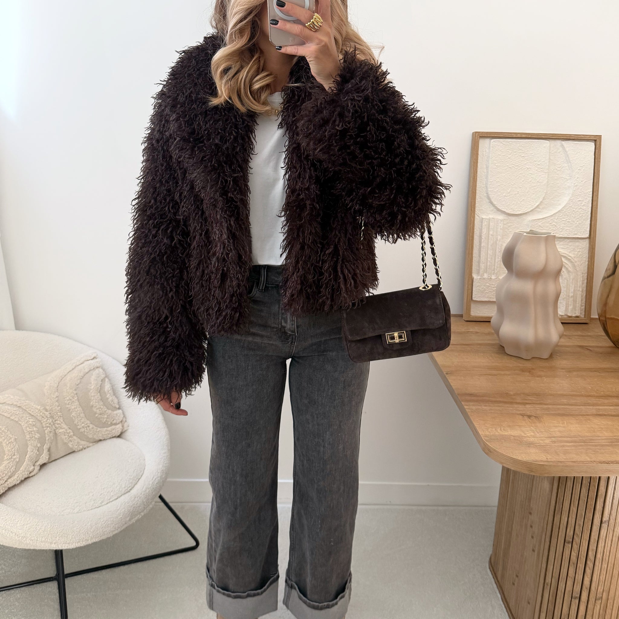 Manteau en fourrure bouclette JASON - chocolat PRÉCOMMANDE