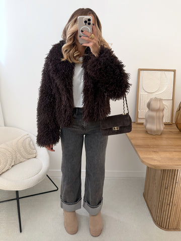 Manteau en fourrure bouclette JASON - chocolat PRÉCOMMANDE