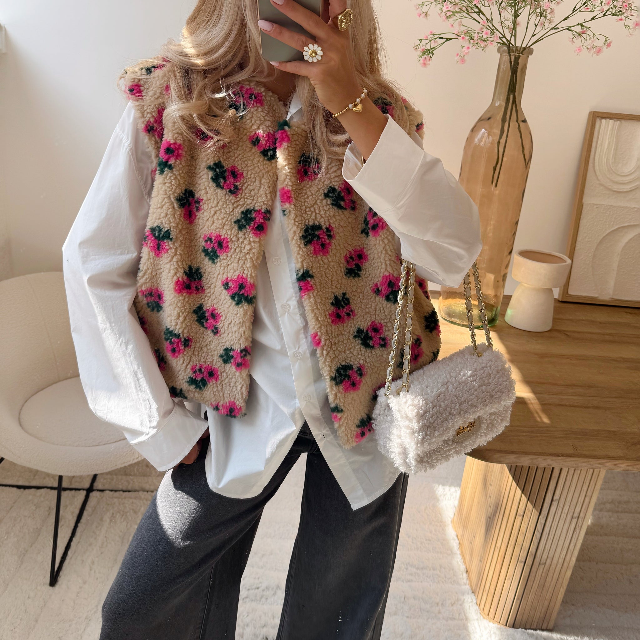 Veste en sherpa à imprimé floral LIBERTY - camel
