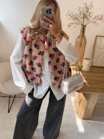 Veste en sherpa à imprimé floral LIBERTY - camel