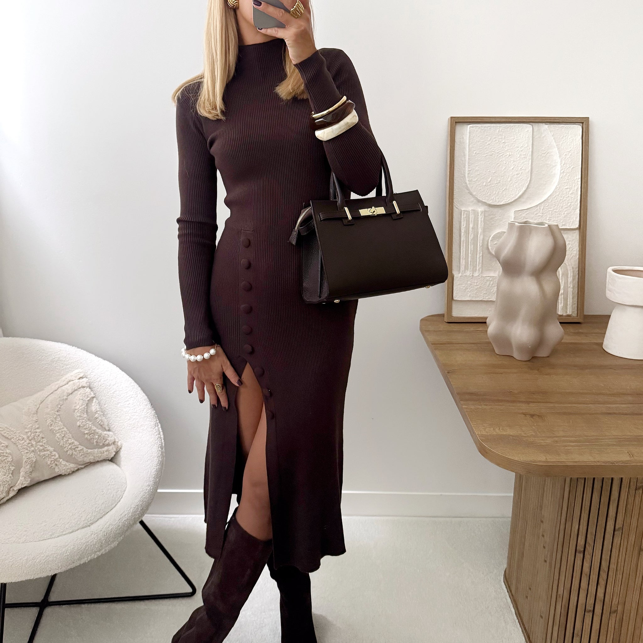 Robe en maille côtelée BELLUCCI - chocolat PRÉCOMMANDE