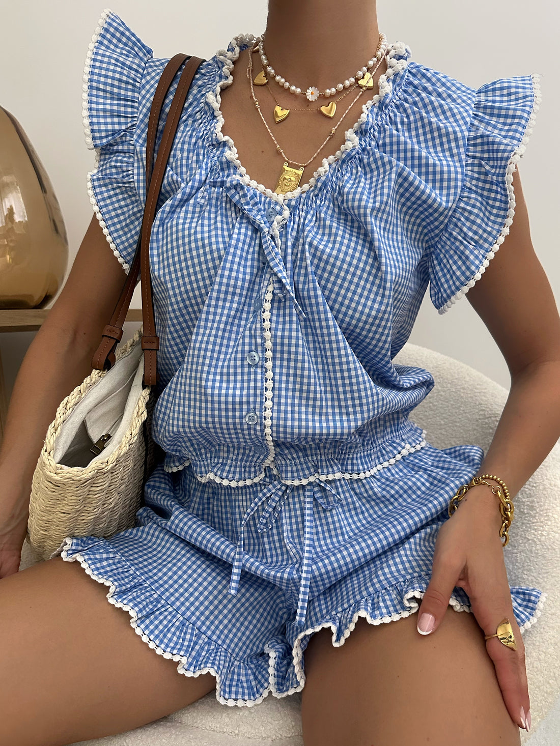 Ensemble imprimé vichy à volants BÉLIN - bleu