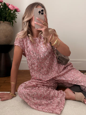 Top en dentelle florale et sequins MAYLIN - rose