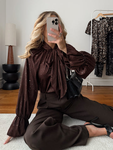 Chemisier col lavallière et strass FORELLE - chocolat