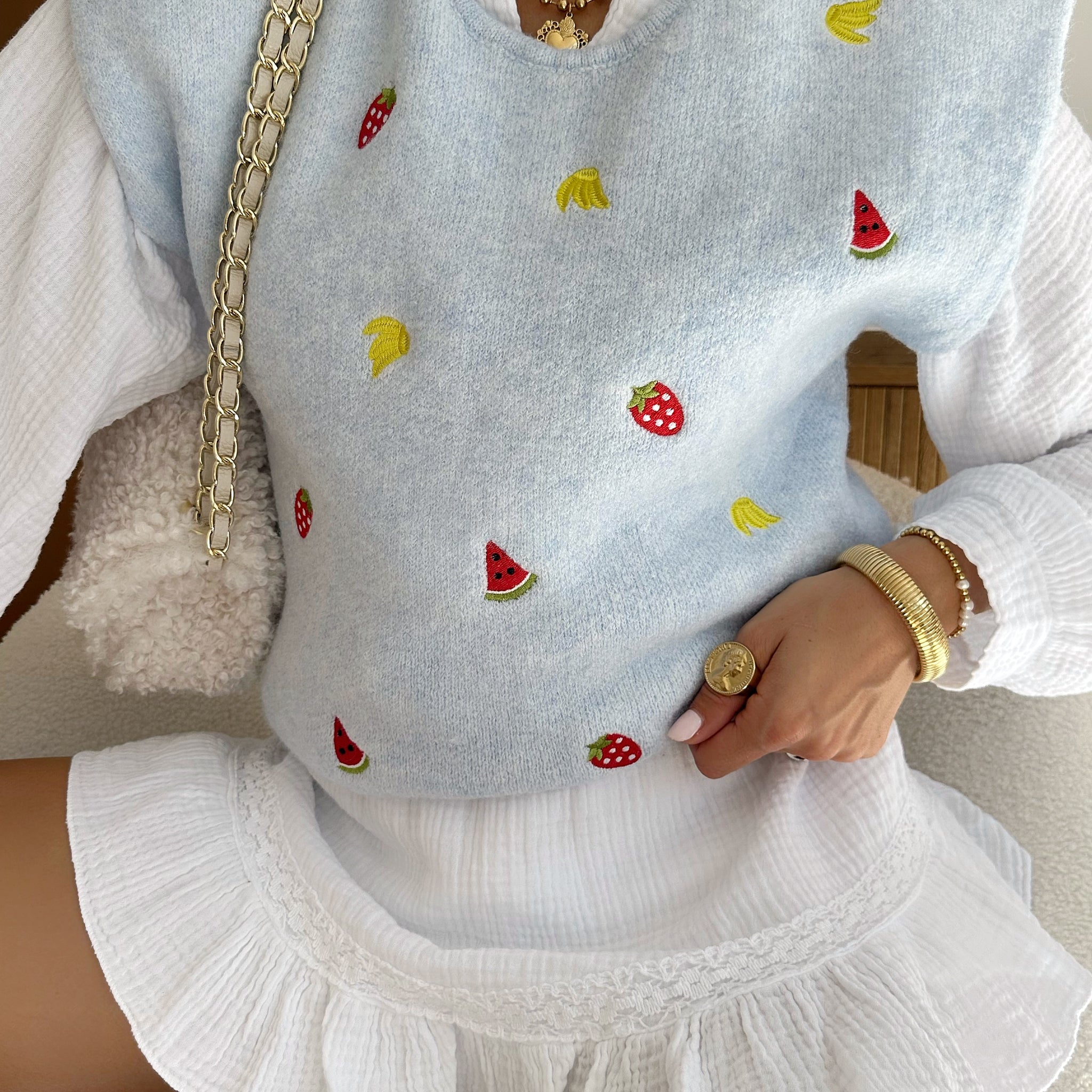 Pull sans manches imprimé fruits CLAUDE - bleu