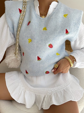 Pull sans manches imprimé fruits CLAUDE - bleu