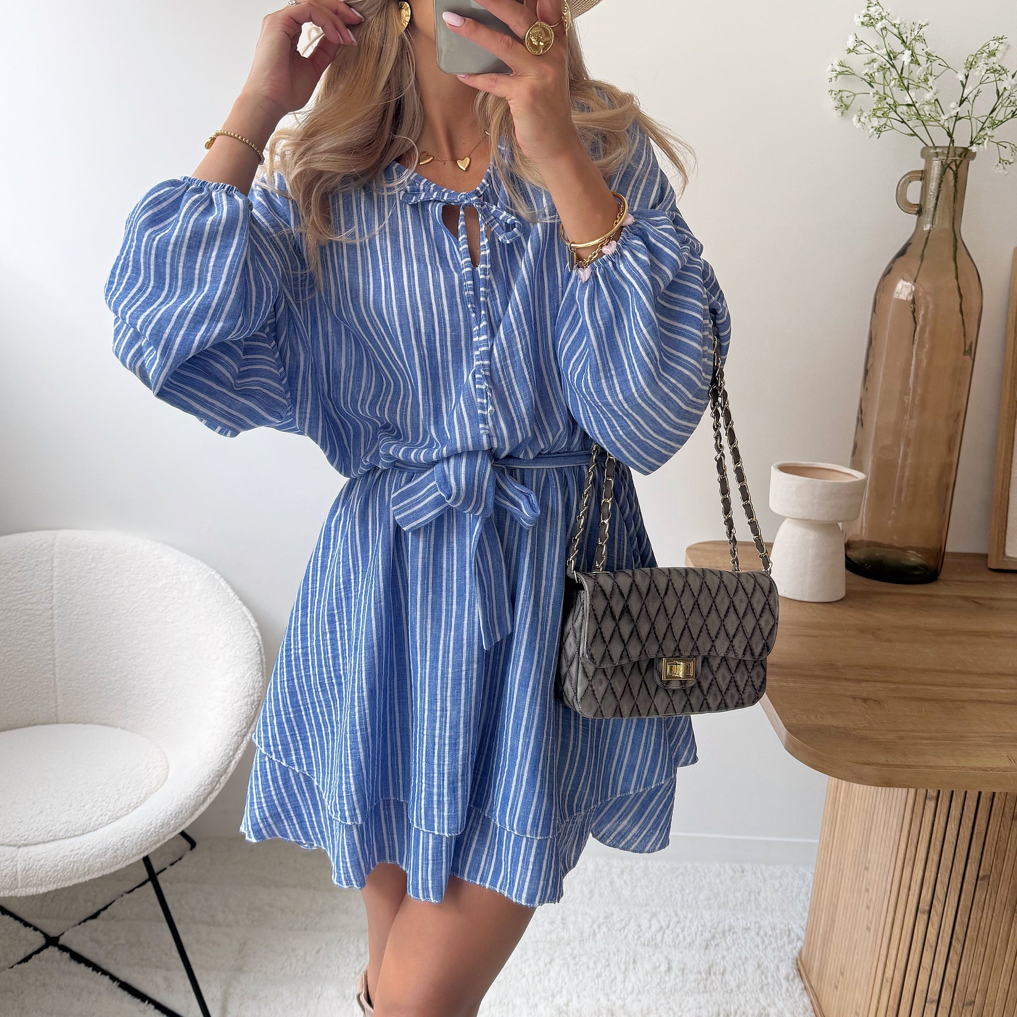 Robe volantée à rayures en lin mélangé BENIA - bleu