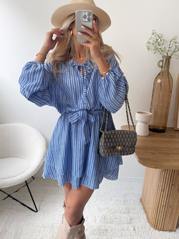 Robe volantée à rayures en lin mélangé BENIA - bleu