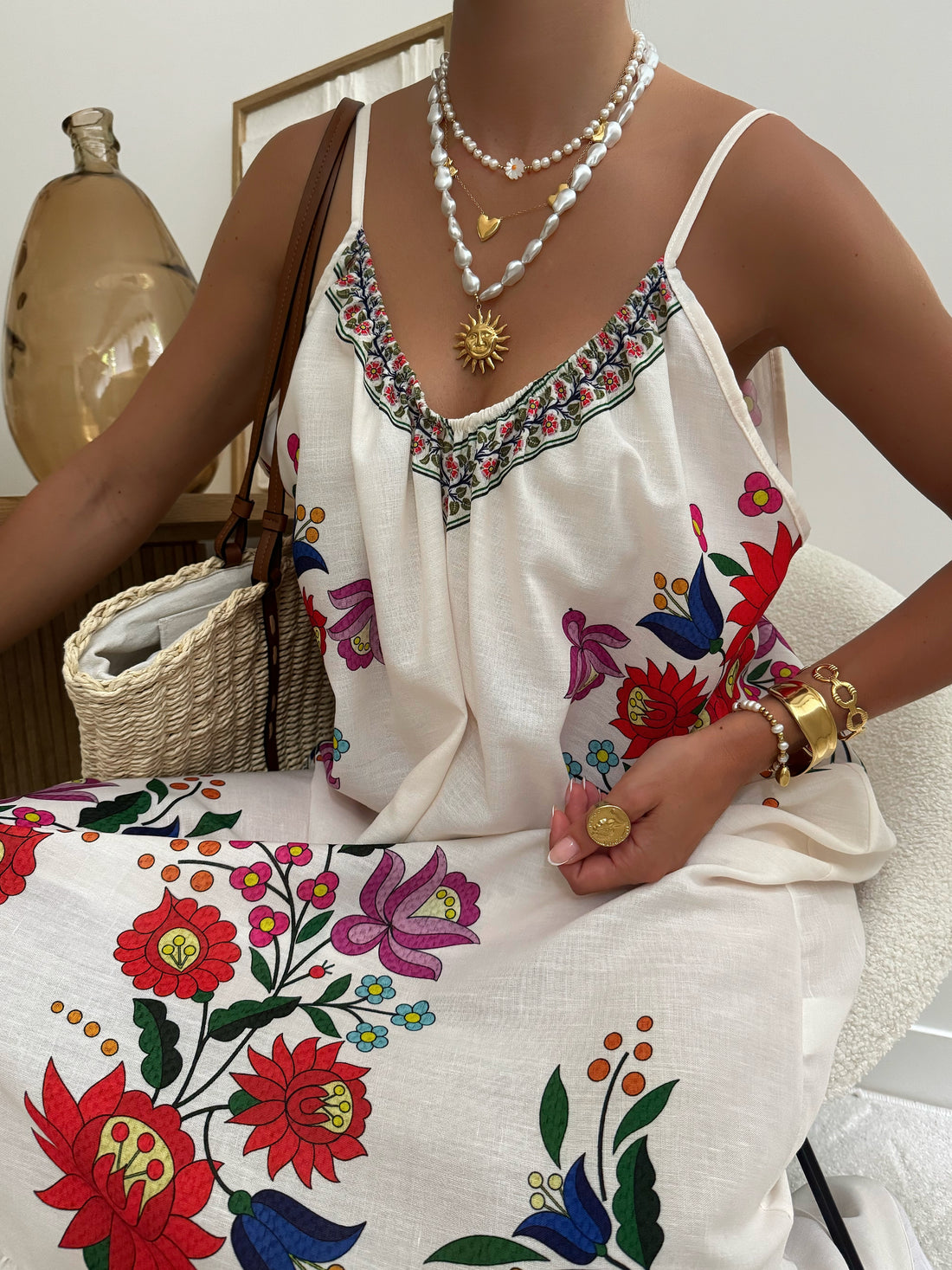 Robe longue oversize à motif floraux en lin mélangé COLOMBA