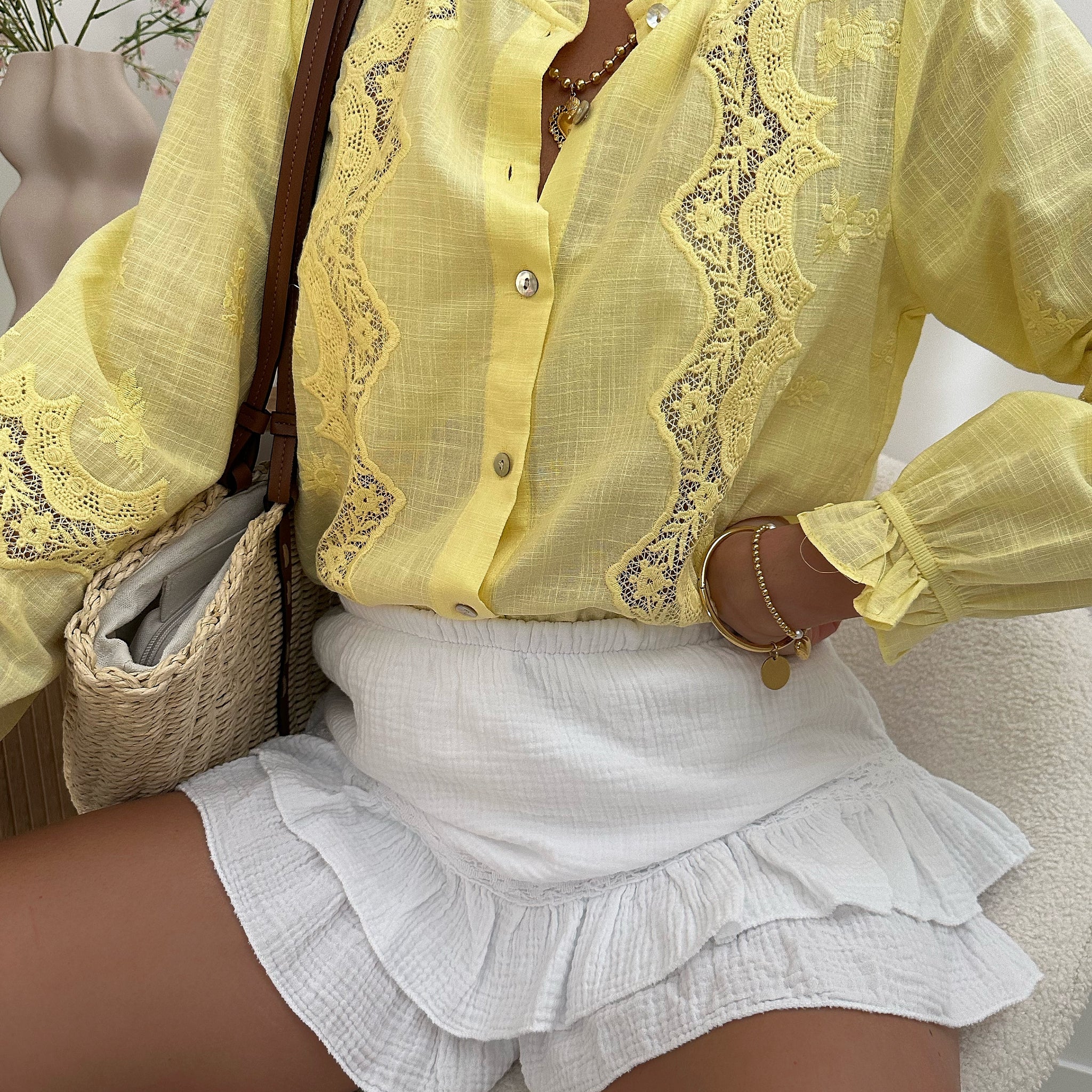 Chemisier à détails de broderie ajourée NOVA - jaune
