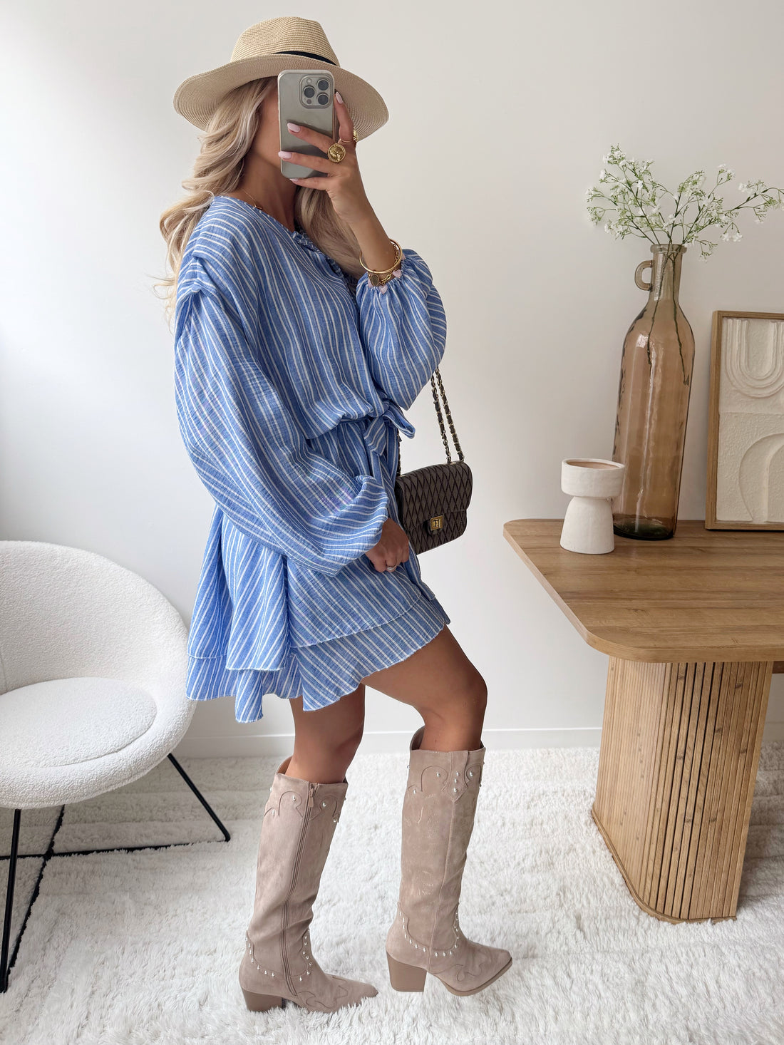 Robe volantée à rayures en lin mélangé BENIA - bleu