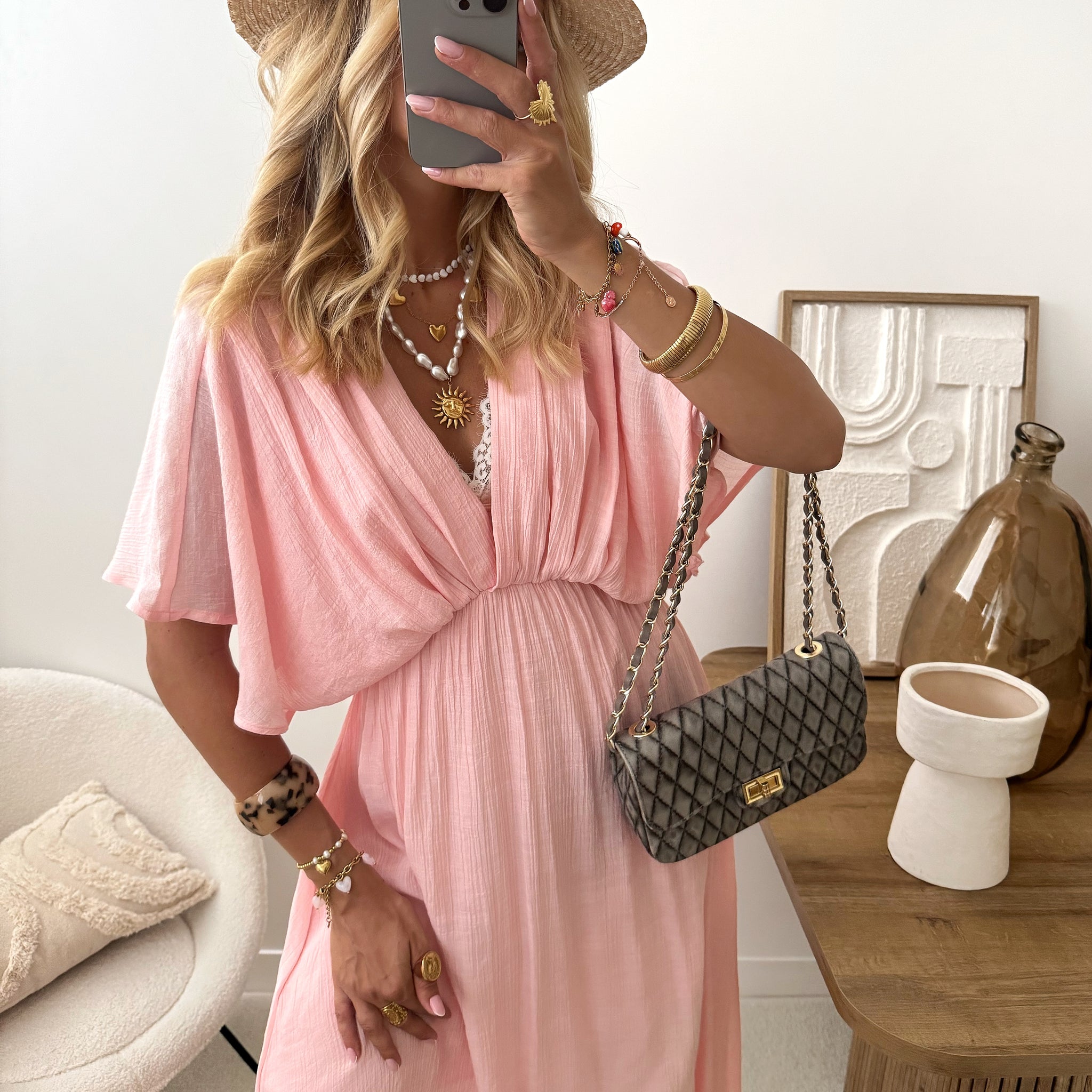 Robe midi à col V plongeant MIRA - rose pâle