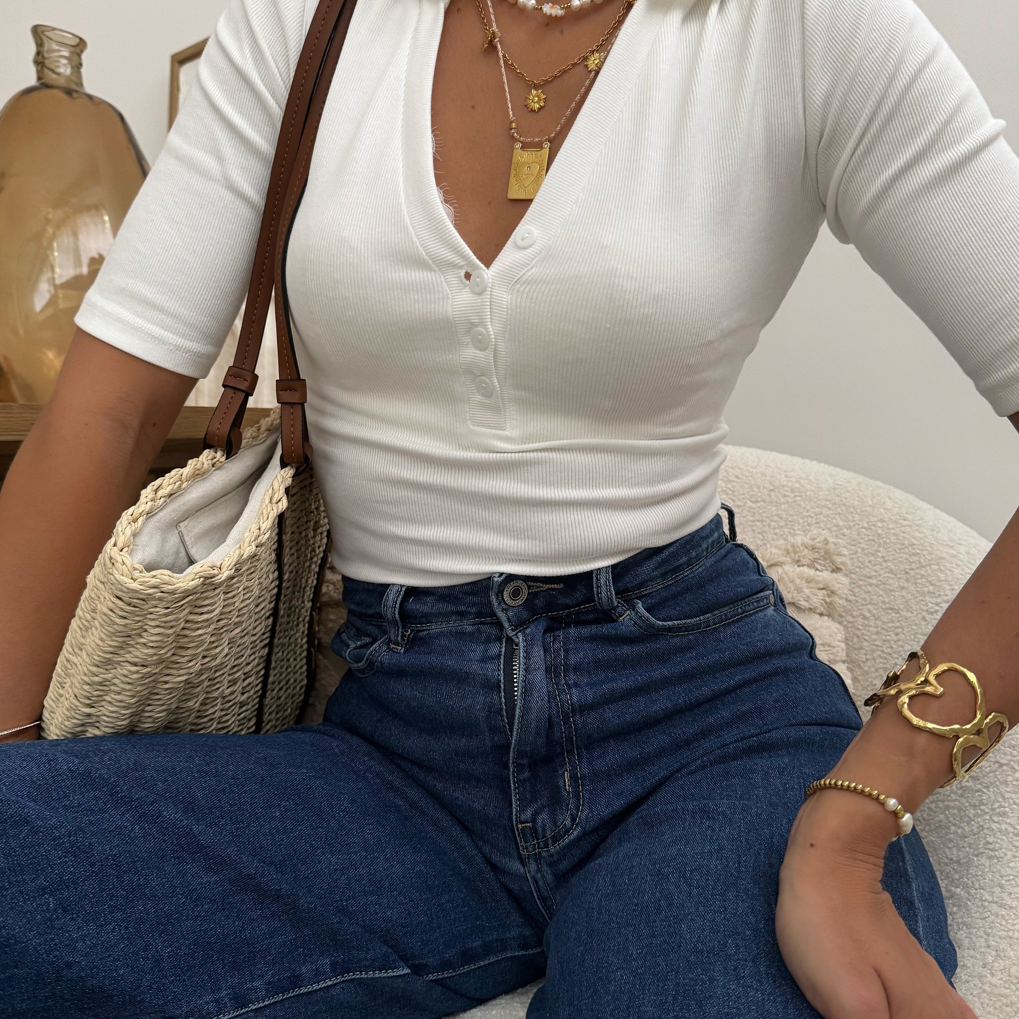 Body côtelé à col chemise DANIELLA - blanc