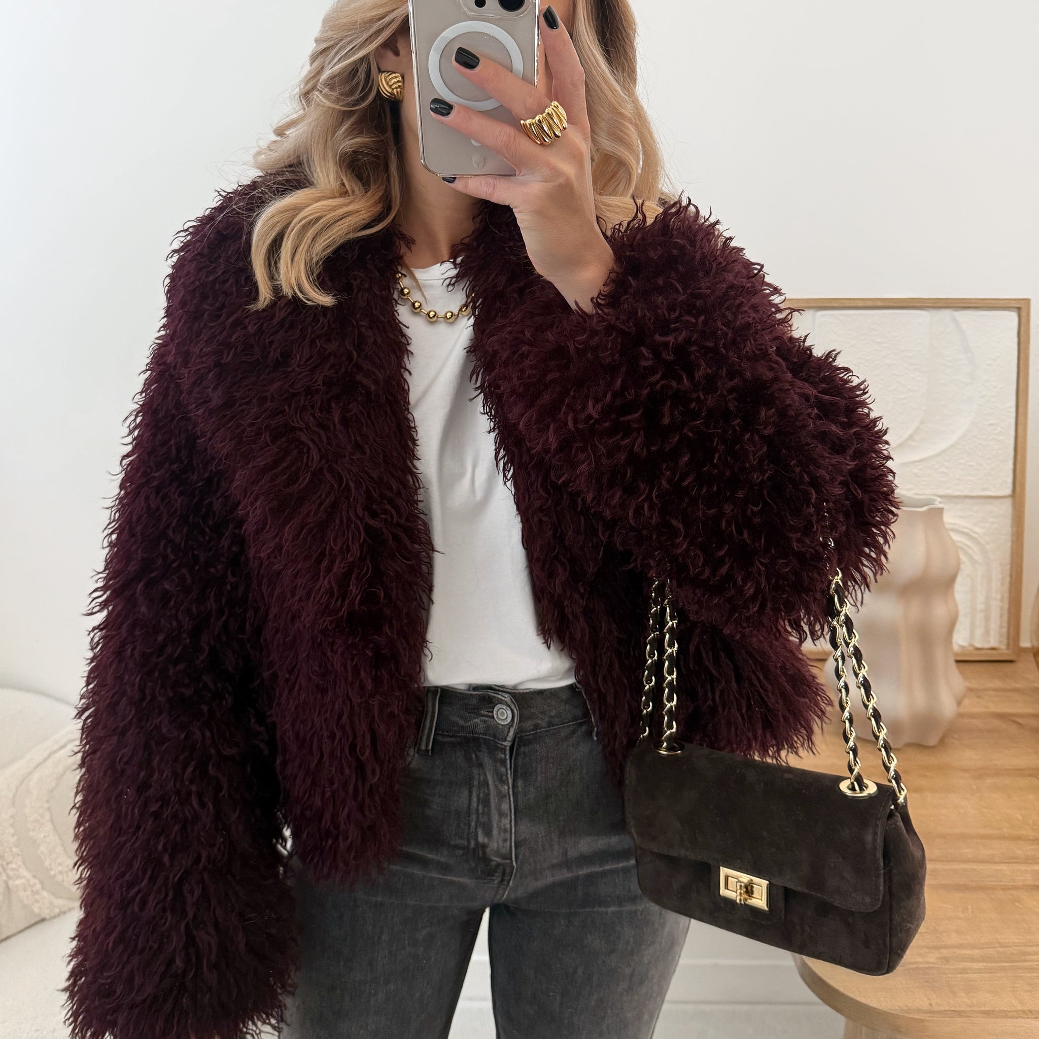 Manteau en fourrure bouclette JASON - aubergine PRÉCOMMANDE