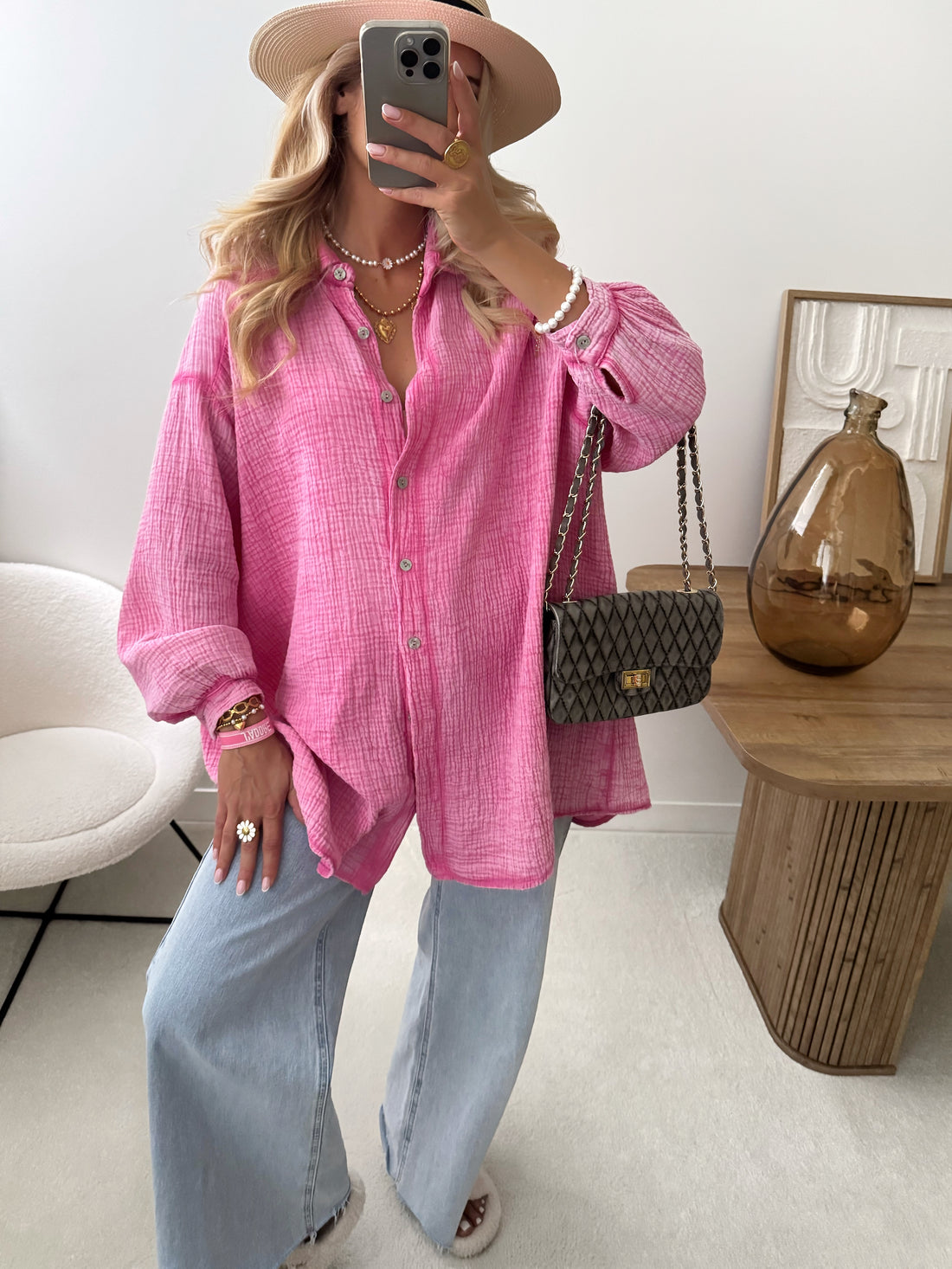 Robe chemise en gaze de coton CAMERON - rose