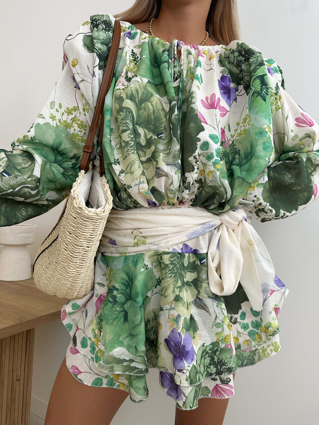 Robe volantée à imprimé fleuri et ceinture FREDERICA - vert