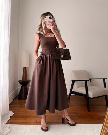 Robe longue bi-matière à bretelles LEYROS - chocolat PRÉCOMMANDE