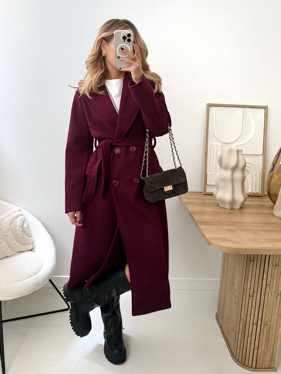 Manteau long à ceinture JOEL - bordeaux
