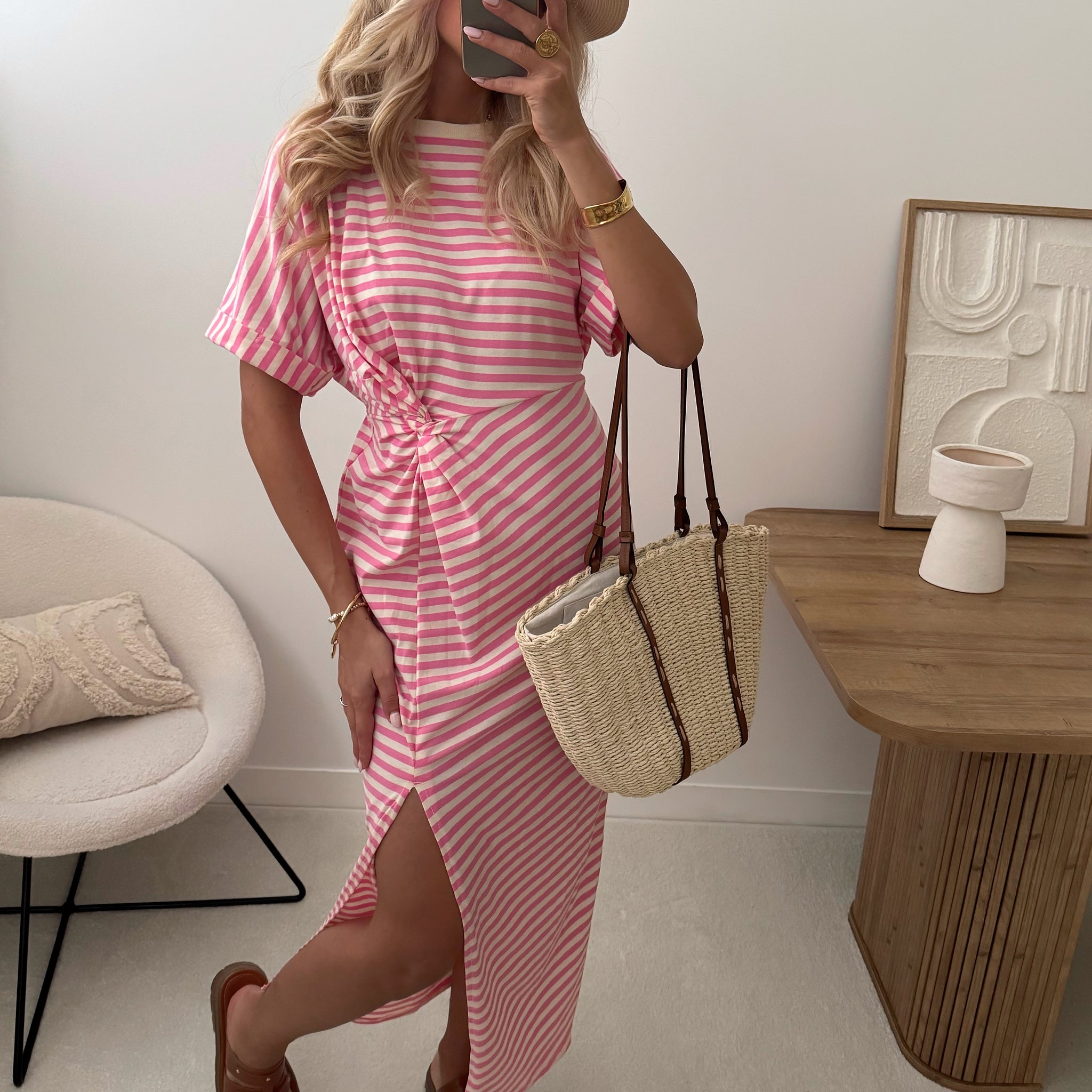 Robe marinière à fente SORINNE - rose