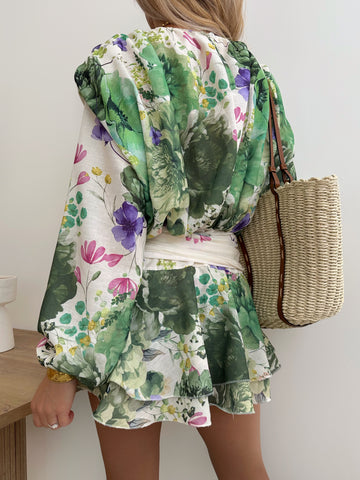 Robe volantée à imprimé fleuri et ceinture FREDERICA - vert