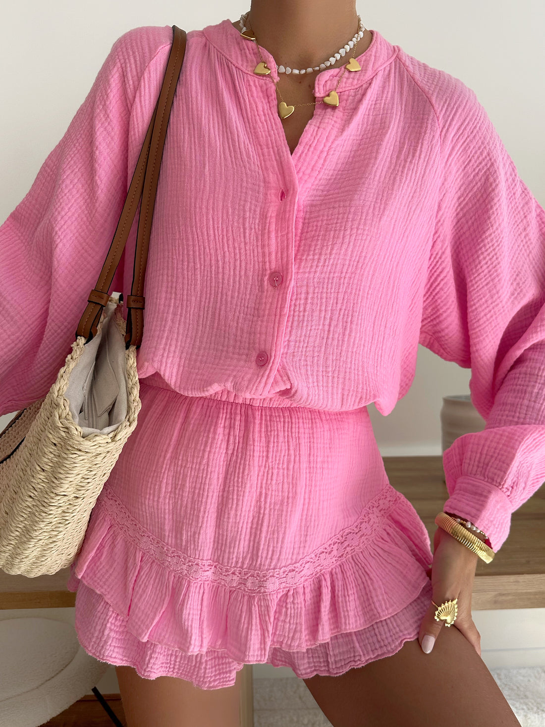 Jupe-short en gaze de coton OMIZE - rose