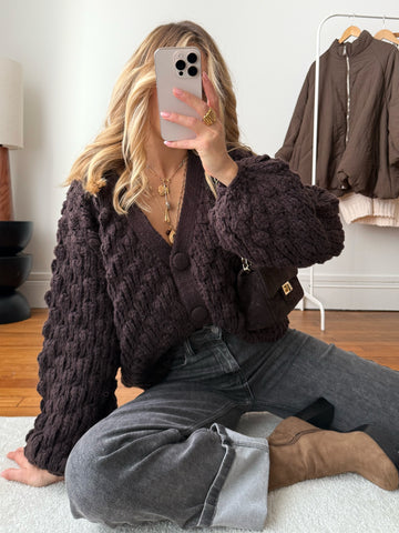 Gilet en maille crochet VOLTAIRE - brun foncé