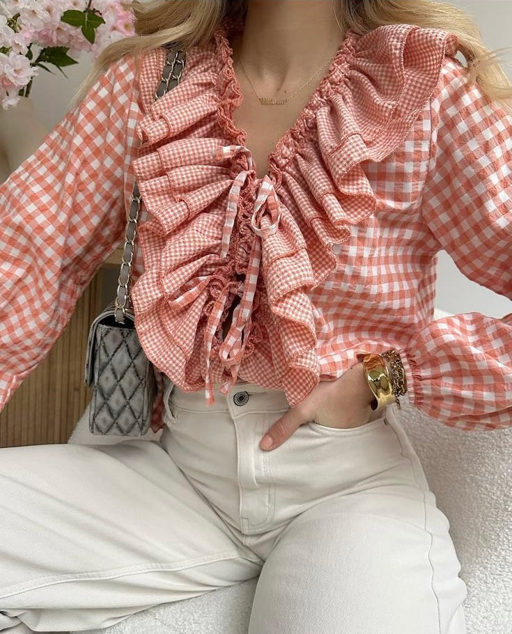 Blouse imprimé vichy corail MADELYNE