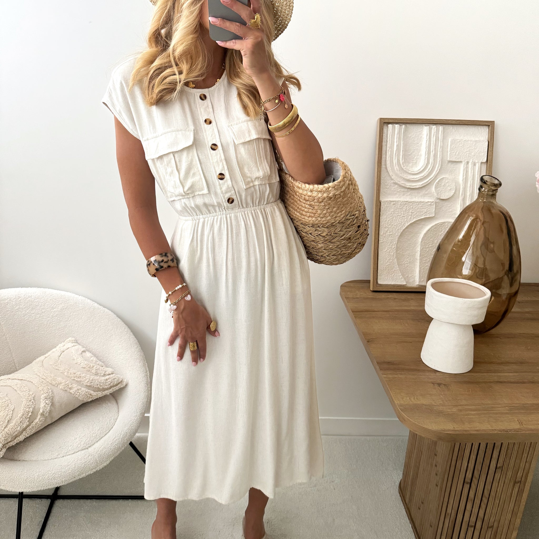 Robe midi en lin mélangé PALAMAS - beige