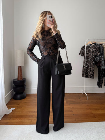 Top à motif floral brodé de sequins ELIVO - noir