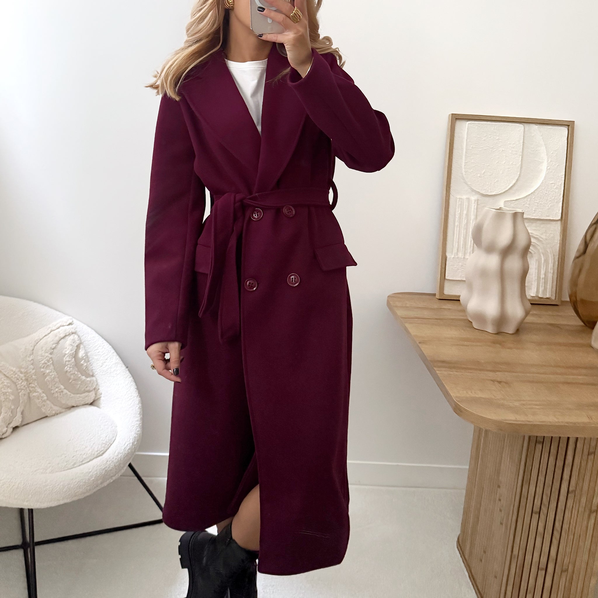 Manteau long à ceinture JOEL - bordeaux