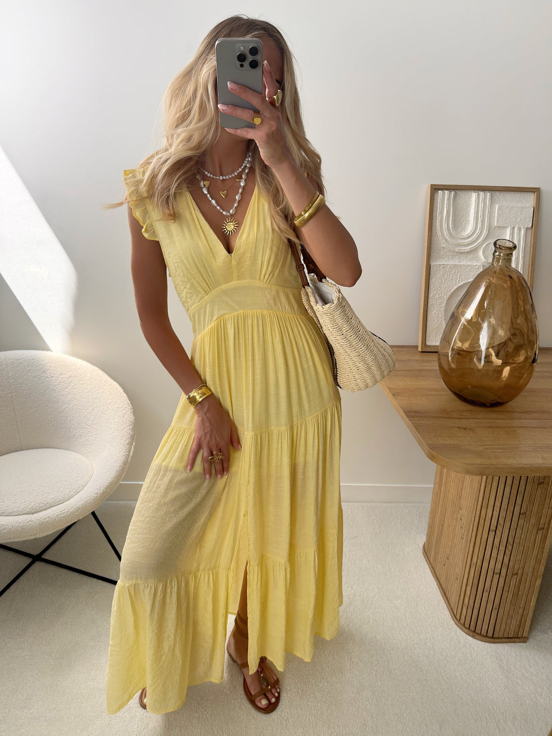 Robe longue à volants VITA - jaune pâle