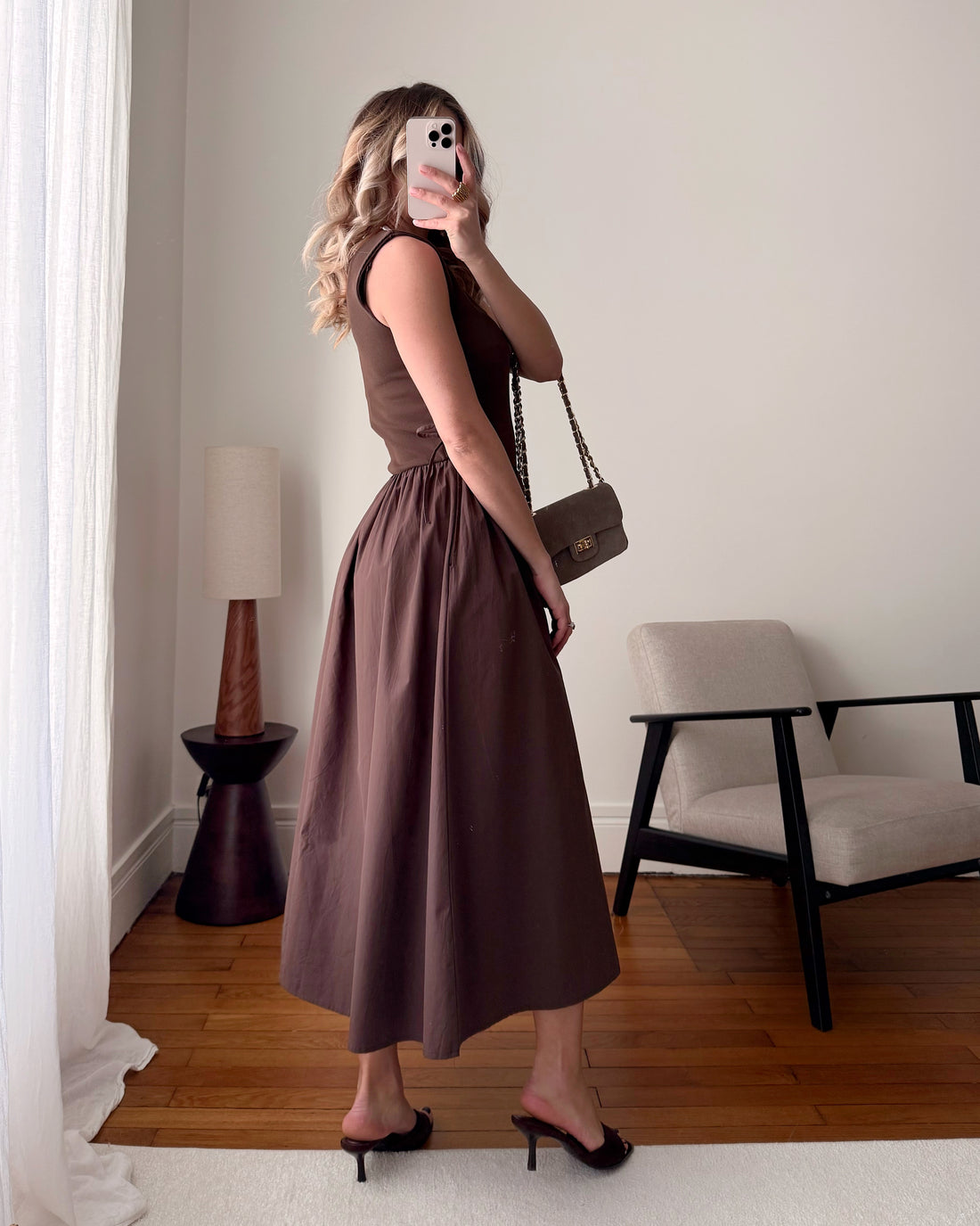 Robe longue bi-matière à bretelles LEYROS - chocolat PRÉCOMMANDE